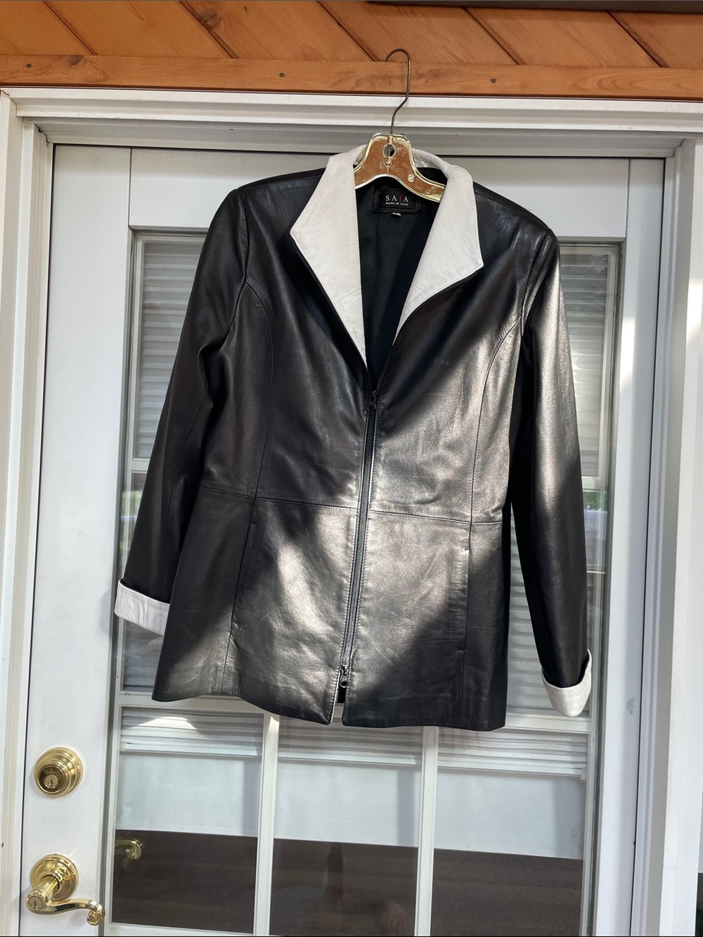 Saja Black Leather Jacket with White Contrast Collar